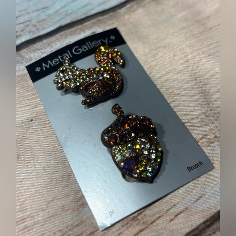 New! Metal Gallery Squirrel & Acorn Rhinestone Brooches NWT